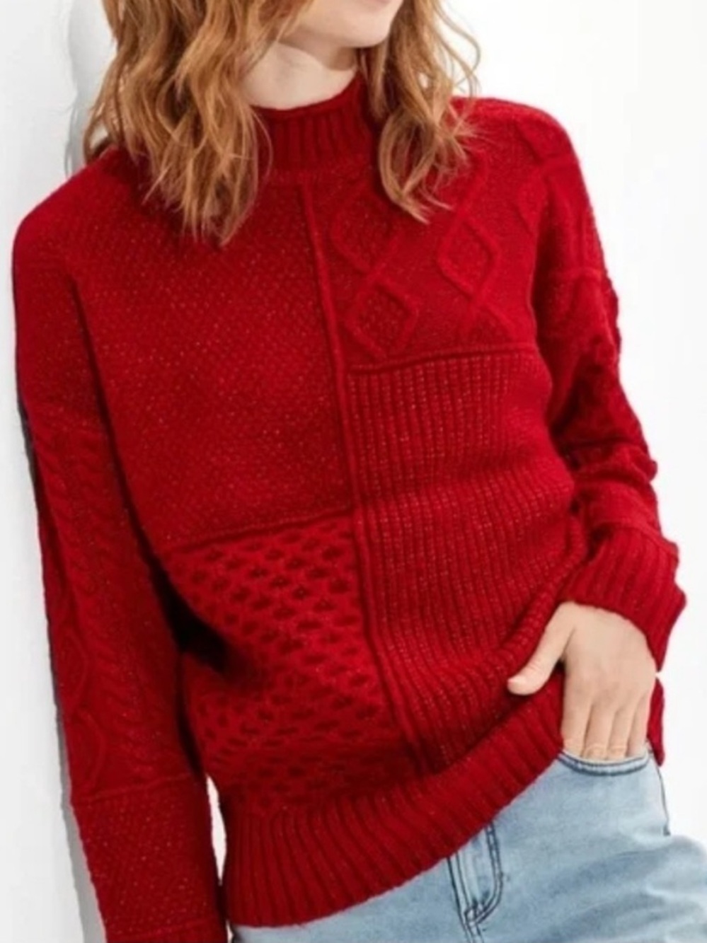 Y2K American Eagle Red Cable-Knit Turtleneck Sweater Sz M